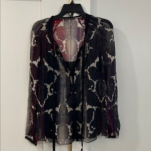 Elie Tahari Black/Purple/Red Sheer Top w Lining, Size Small